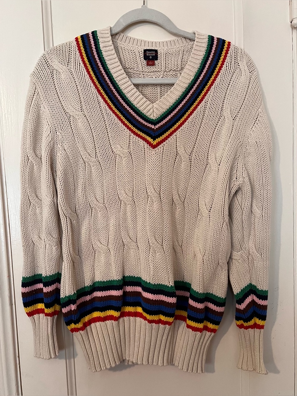 Rowing Blazers Cable Knit Tennis Sweater V-Neck Rainbow Stripe Cream S